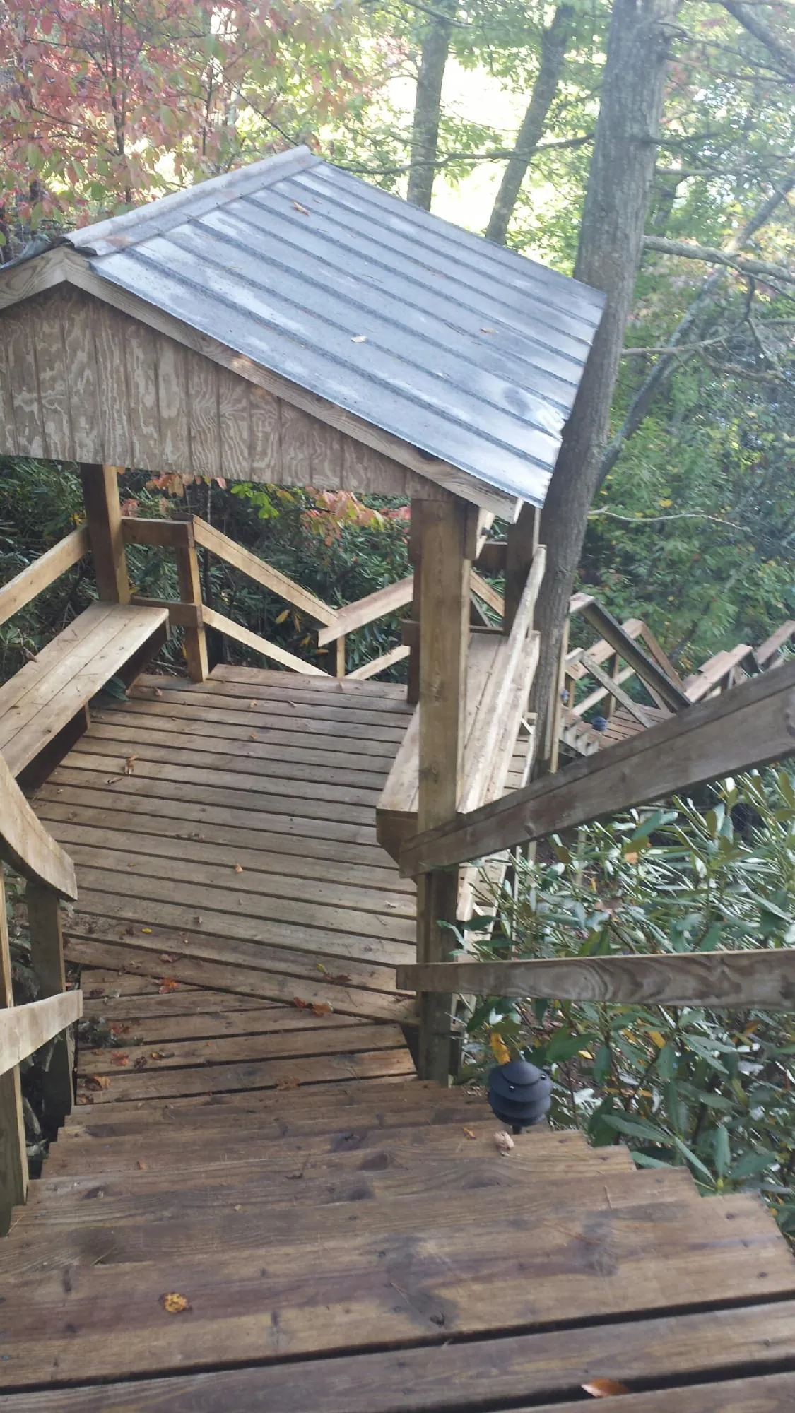Metal roofed shelter over wooden steps on a wooded walkway — Skylight Repair & Installation work by our crew in Latonia